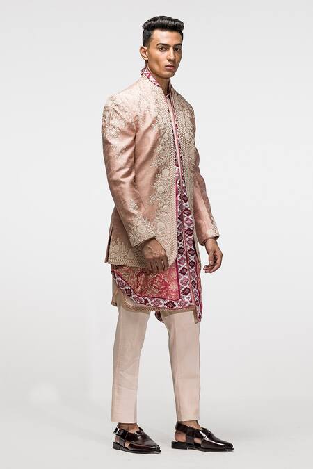 Shop_Asuka_Pink Silk Embroidery Floral Bandhgala Set _Online_at_Aza_Fashions