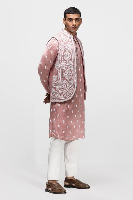 Asuka_Pink Velvet, Satin Embroidery Floral Dori Work Bundi And Kurta Set _at_Aza_Fashions