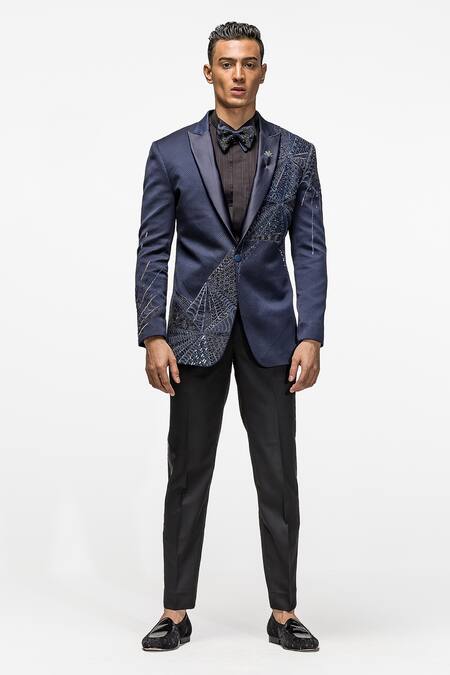 Shop_Asuka_Blue Woven Jacquard Embroidery Placement Blazer Set _Online_at_Aza_Fashions