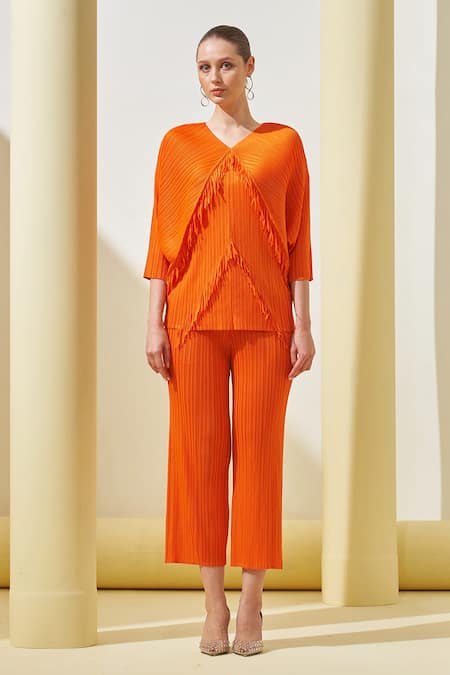 Pleats By Aruni_Orange Polyester Fringe V-neck Layered Top And Culotte Pant Set_Online_at_Aza_Fashions