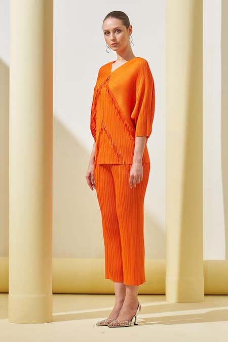 Buy_Pleats By Aruni_Orange Polyester Fringe V-neck Layered Top And Culotte Pant Set_Online_at_Aza_Fashions