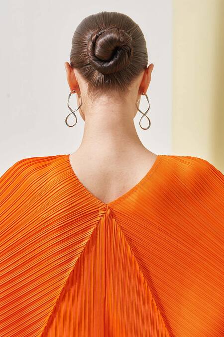 Shop_Pleats By Aruni_Orange Polyester Fringe V-neck Layered Top And Culotte Pant Set_Online_at_Aza_Fashions