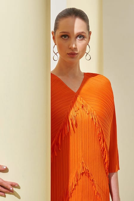 Pleats By Aruni_Orange Polyester Fringe V-neck Layered Top And Culotte Pant Set_at_Aza_Fashions