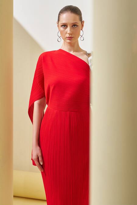 Buy_Pleats By Aruni_Red Polyester One Shoulder Textured Dress_Online_at_Aza_Fashions