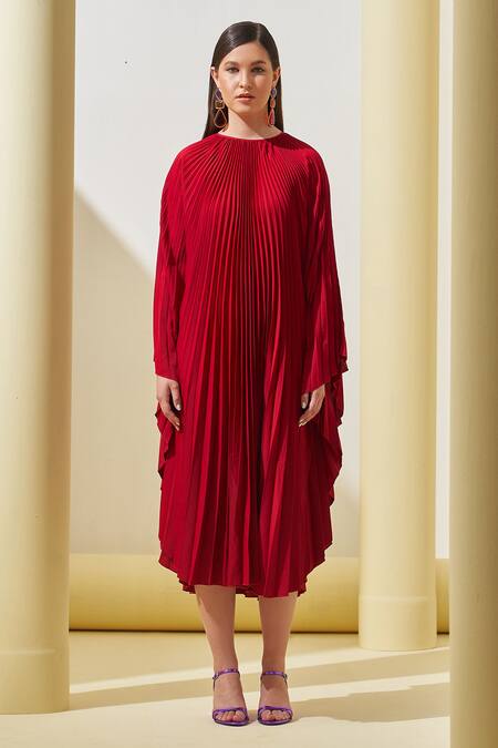 Pleats By Aruni Red Crepe Round Neck Pleated Textured Cape Dress Online at Aza Fashions Pleats By Aruni_Red Crepe Round Neck Pleated Textured Cape Dress_Online_at_Aza_Fashions
