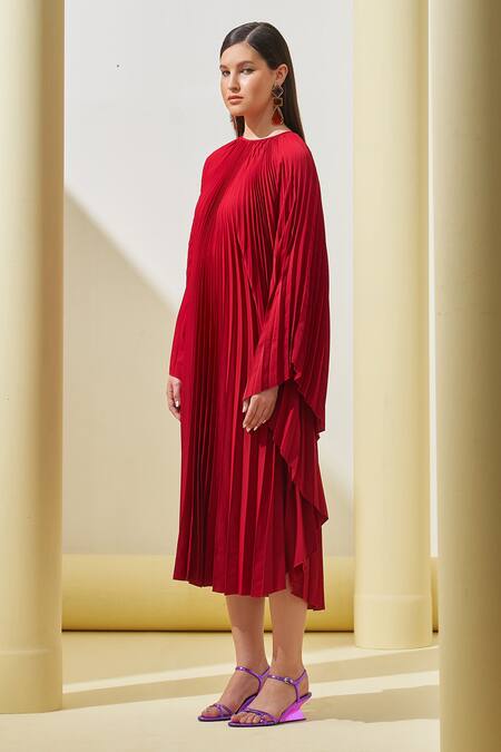 Buy Pleats By Aruni Red Crepe Round Neck Pleated Textured Cape Dress Online at Aza Fashions Buy_Pleats By Aruni_Red Crepe Round Neck Pleated Textured Cape Dress_Online_at_Aza_Fashions