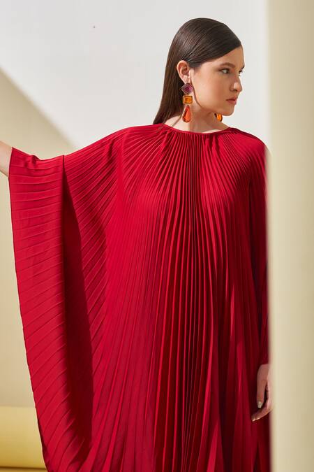Shop Pleats By Aruni Red Crepe Round Neck Pleated Textured Cape Dress Online at Aza Fashions Shop_Pleats By Aruni_Red Crepe Round Neck Pleated Textured Cape Dress_Online_at_Aza_Fashions