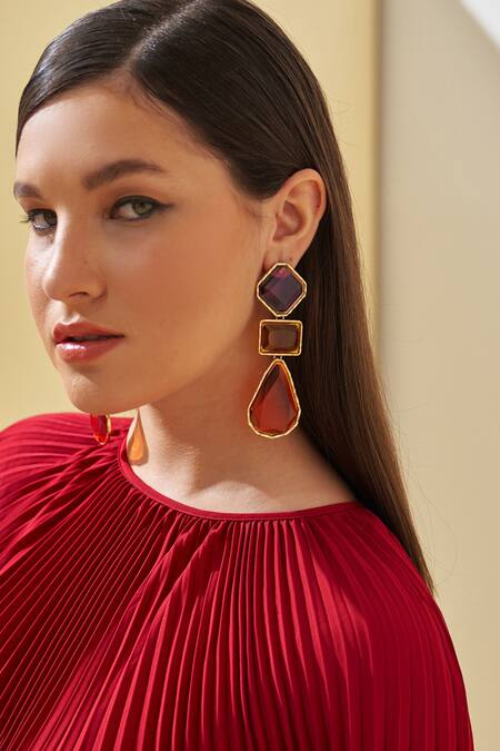 Pleats By Aruni Red Crepe Round Neck Pleated Textured Cape Dress at Aza Fashions Pleats By Aruni_Red Crepe Round Neck Pleated Textured Cape Dress_at_Aza_Fashions