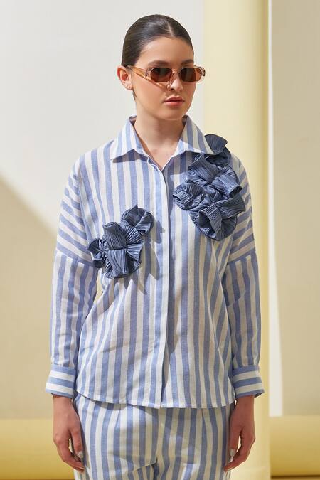 Buy_Pleats By Aruni_Blue Linen Fabric Flowers, Applique Collared Striped Pattern Shirt And Pant Set_Online_at_Aza_Fashions