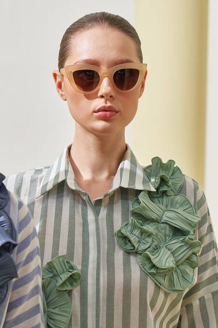 Pleats By Aruni Green Linen Applique, Fabric Flowers Collared Striped Pattern Shirt And Pant Set Online at Aza Fashions Pleats By Aruni_Green Linen Applique, Fabric Flowers Collared Striped Pattern Shirt And Pant Set_Online_at_Aza_Fashions