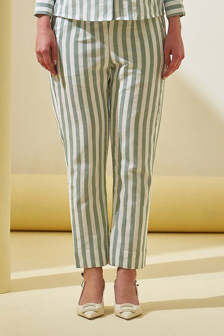 Buy Pleats By Aruni Green Linen Applique, Fabric Flowers Collared Striped Pattern Shirt And Pant Set Online at Aza Fashions Buy_Pleats By Aruni_Green Linen Applique, Fabric Flowers Collared Striped Pattern Shirt And Pant Set_Online_at_Aza_Fashions