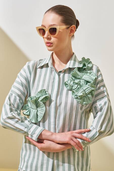 Shop Pleats By Aruni Green Linen Applique, Fabric Flowers Collared Striped Pattern Shirt And Pant Set Online at Aza Fashions Shop_Pleats By Aruni_Green Linen Applique, Fabric Flowers Collared Striped Pattern Shirt And Pant Set_Online_at_Aza_Fashions