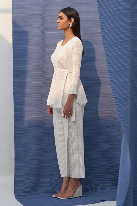 Pleats By Aruni_White Polyester V Neck Pleated Metallic Top Culotte Set_Online_at_Aza_Fashions