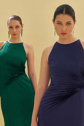 Pleats By Aruni_Green Crepe Round Neck Draped Pleated Bodice Gown_Online_at_Aza_Fashions