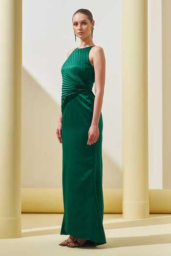 Buy_Pleats By Aruni_Green Crepe Round Neck Draped Pleated Bodice Gown_Online_at_Aza_Fashions