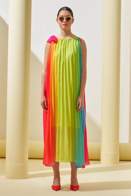Pleats By Aruni_Yellow Georgette Round Neck Textured Pleated Ombre Dress_Online_at_Aza_Fashions