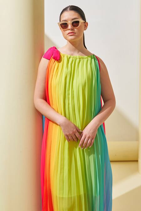 Shop_Pleats By Aruni_Yellow Georgette Round Neck Textured Pleated Ombre Dress_Online_at_Aza_Fashions