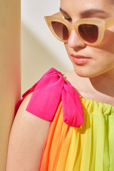 Pleats By Aruni_Yellow Georgette Round Neck Textured Pleated Ombre Dress_at_Aza_Fashions