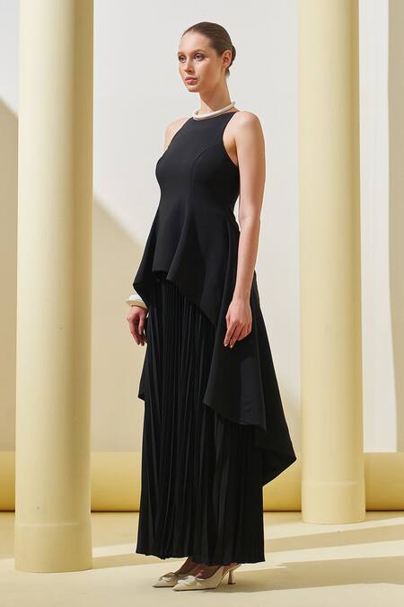 Pleats By Aruni_Black Crepe Round Neck Peplum Pleated Gown_Online_at_Aza_Fashions