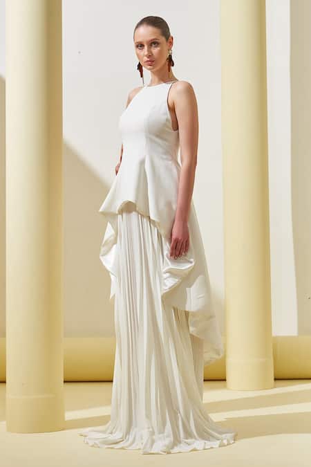 Pleats By Aruni_White Polyester Embroidery Round Neck Peplum Layered Gown _Online_at_Aza_Fashions