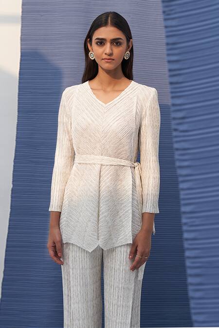 Buy_Pleats By Aruni_White Polyester V Neck Pleated Metallic Top Culotte Set_Online_at_Aza_Fashions