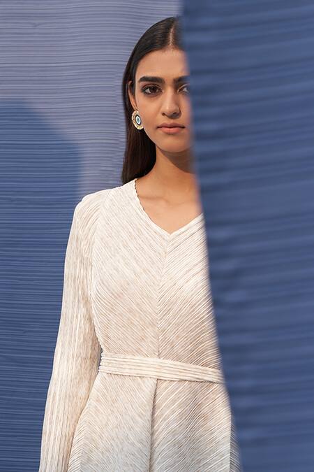 Shop_Pleats By Aruni_White Polyester V Neck Pleated Metallic Top Culotte Set_Online_at_Aza_Fashions