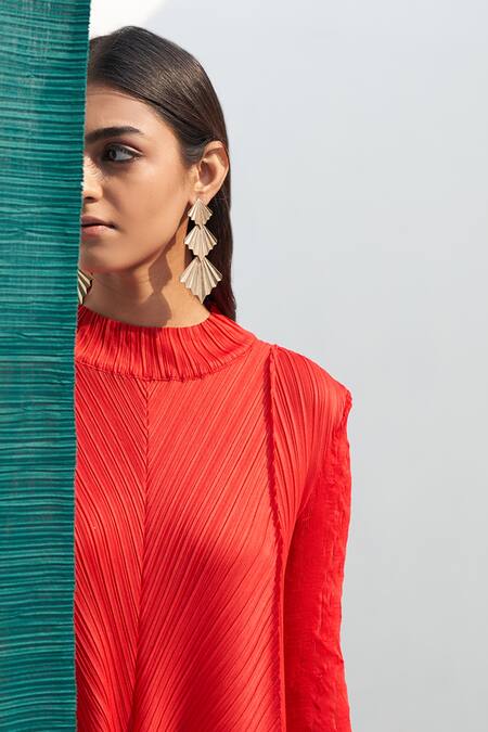 Shop Pleats By Aruni Red Polyester High Neck Crushed Sleeve Pleated Kurta And Pant Set Online at Aza Fashions Shop_Pleats By Aruni_Red Polyester High Neck Crushed Sleeve Pleated Kurta And Pant Set_Online_at_Aza_Fashions