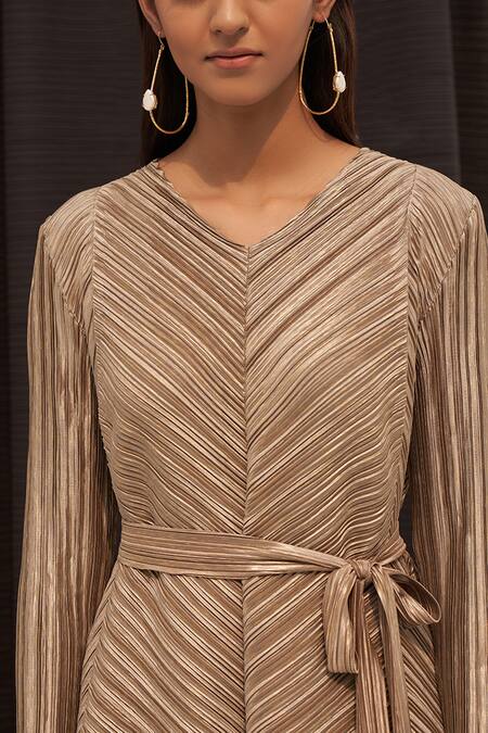 Shop Pleats By Aruni Gold Polyester V Neck Metallic Pleated Top And Pant Set Online at Aza Fashions Shop_Pleats By Aruni_Gold Polyester V Neck Metallic Pleated Top And Pant Set_Online_at_Aza_Fashions