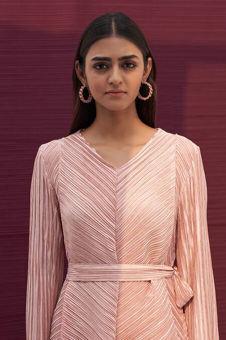 Buy_Pleats By Aruni_Pink Polyester V Neck Metallic Pleated Top And Pant Set_Online_at_Aza_Fashions