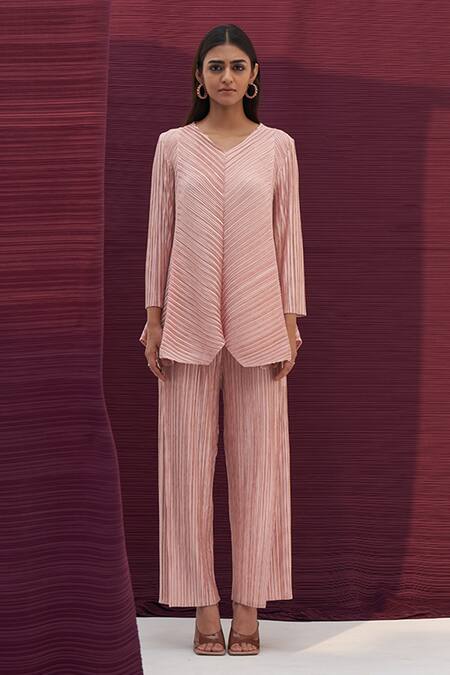 Pleats By Aruni_Pink Polyester V Neck Metallic Pleated Top And Pant Set_at_Aza_Fashions