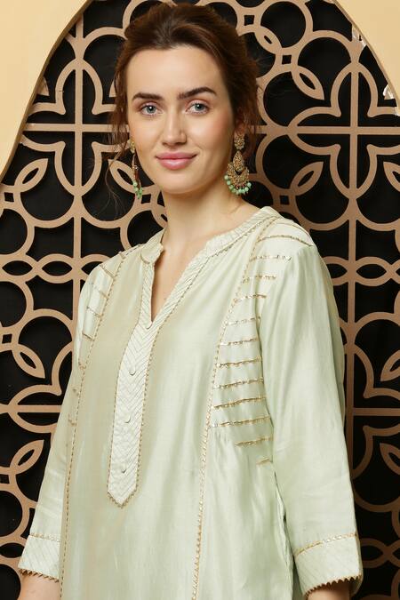 Shop_Kefi Collections_Green Silk, Chanderi, Organza Embroidery Mandarin Arveen Placket Kurta Set_Online_at_Aza_Fashions