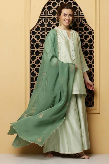 Kefi Collections_Green Silk, Chanderi, Organza Embroidery Mandarin Arveen Placket Kurta Set_at_Aza_Fashions