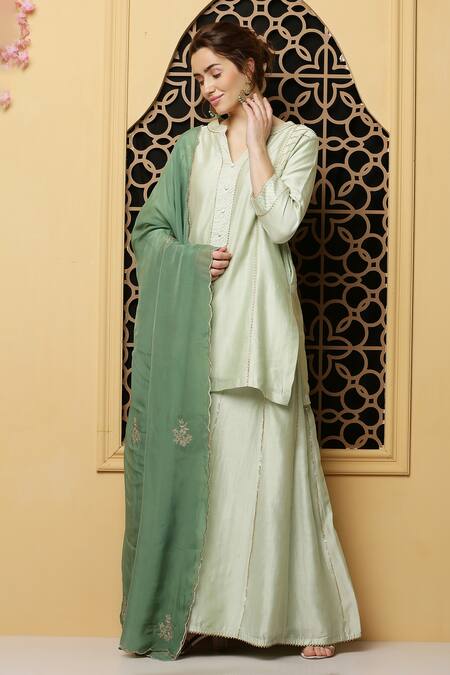 Buy_Kefi Collections_Green Silk, Chanderi, Organza Embroidery Mandarin Arveen Placket Kurta Set