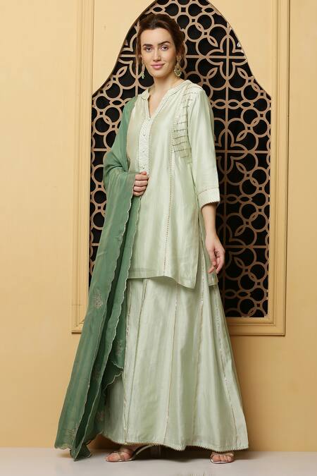 Shop_Kefi Collections_Green Silk, Chanderi, Organza Embroidery Mandarin Arveen Placket Kurta Set