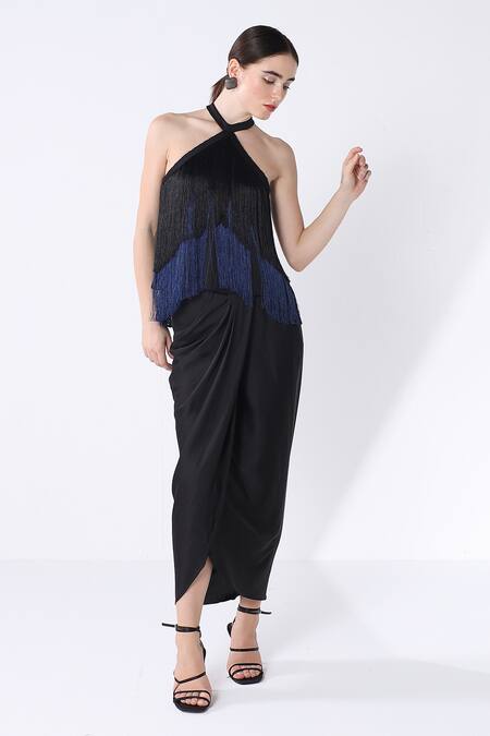 Ashico_Black Satin Halter Ombre Fringed Top And Skirt Set_Online_at_Aza_Fashions