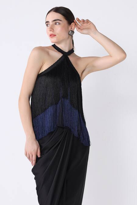 Buy_Ashico_Black Satin Halter Ombre Fringed Top And Skirt Set_Online_at_Aza_Fashions