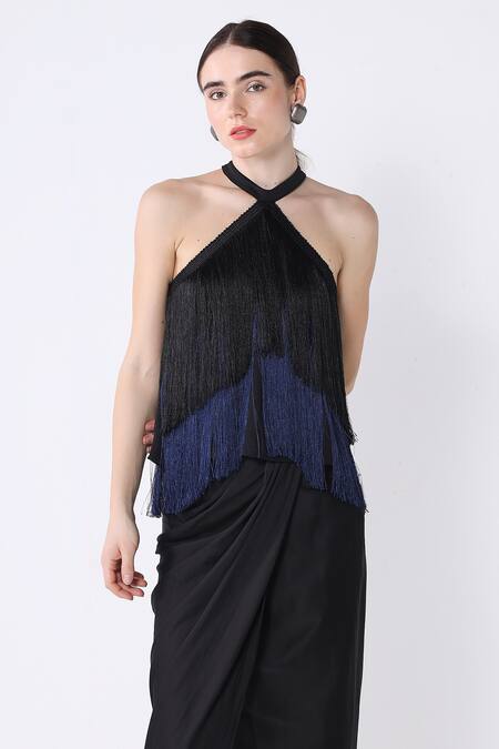 Shop_Ashico_Black Satin Halter Ombre Fringed Top And Skirt Set_Online_at_Aza_Fashions