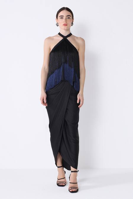 Ashico_Black Satin Halter Ombre Fringed Top And Skirt Set_at_Aza_Fashions