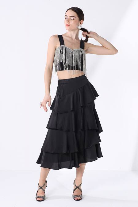 Ashico_Black Bustier  Lycra Solid Jewel Sweetheart Neck Work And Skirt Set_Online_at_Aza_Fashions