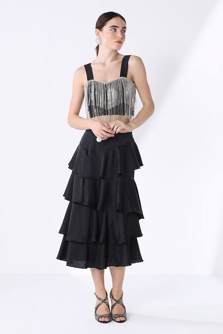 Buy_Ashico_Black Bustier  Lycra Solid Jewel Sweetheart Neck Work And Skirt Set_Online_at_Aza_Fashions