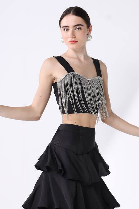 Shop_Ashico_Black Bustier  Lycra Solid Jewel Sweetheart Neck Work And Skirt Set_Online_at_Aza_Fashions