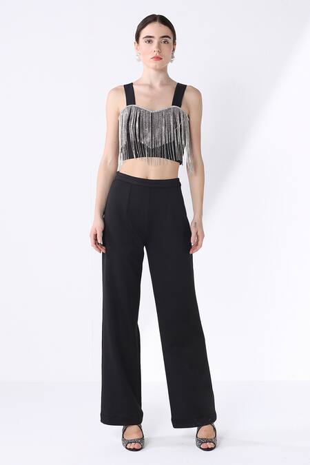 Ashico_Black Lycra Jewel Sweetheart Neck Work Bustier And Pant Set_Online_at_Aza_Fashions