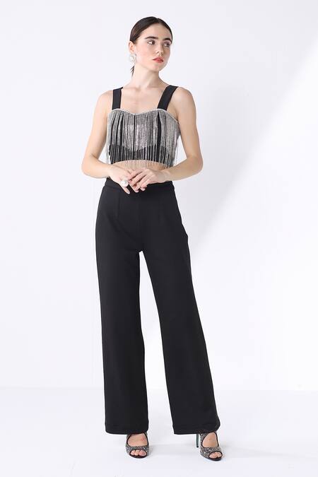 Buy_Ashico_Black Lycra Jewel Sweetheart Neck Work Bustier And Pant Set_Online_at_Aza_Fashions