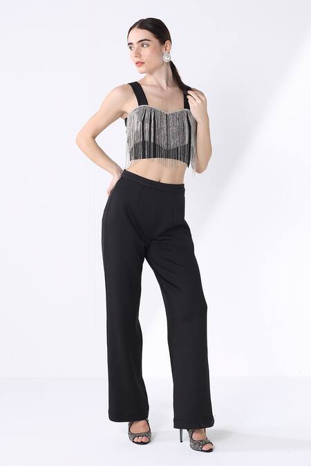 Shop_Ashico_Black Lycra Jewel Sweetheart Neck Work Bustier And Pant Set_Online_at_Aza_Fashions