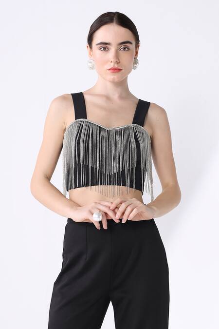 Ashico_Black Lycra Jewel Sweetheart Neck Work Bustier And Pant Set_at_Aza_Fashions