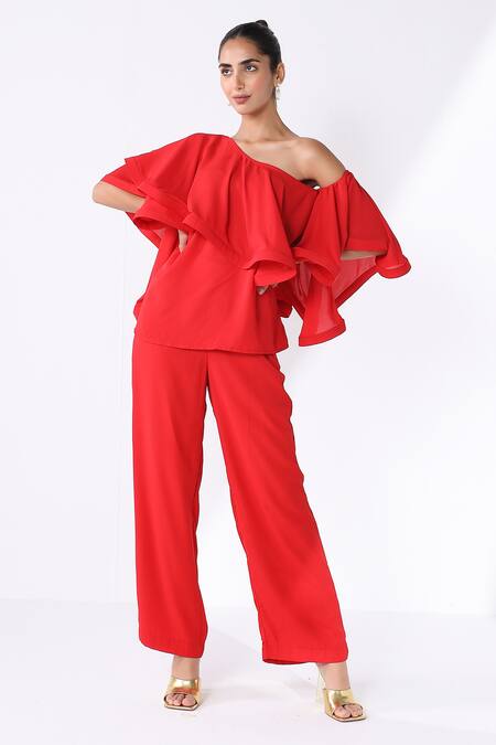 Ashico_Red Georgette Solid One Shoulder Draped Blouse And Pant Set_Online_at_Aza_Fashions