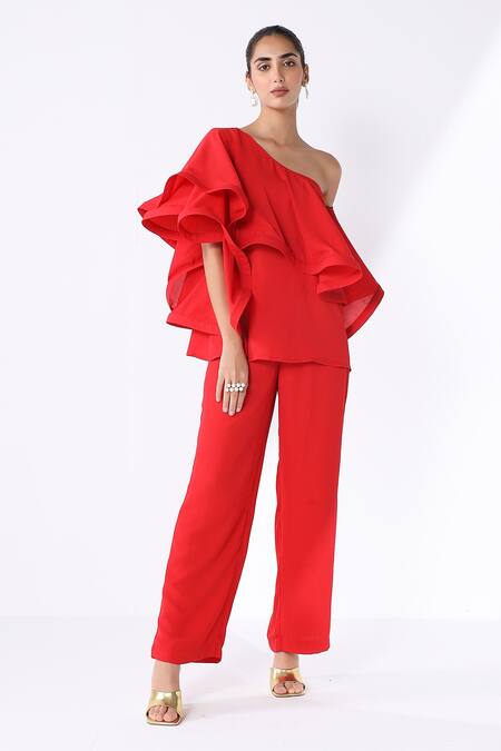 Buy_Ashico_Red Georgette Solid One Shoulder Draped Blouse And Pant Set_Online_at_Aza_Fashions
