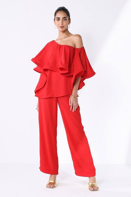Shop_Ashico_Red Georgette Solid One Shoulder Draped Blouse And Pant Set_Online_at_Aza_Fashions