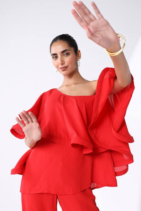 Ashico_Red Georgette Solid One Shoulder Draped Blouse And Pant Set_at_Aza_Fashions