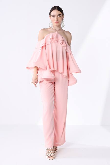 Ashico_Peach Georgette Halter Neck Voluminous Sleeved Blouse And Pant Set_Online_at_Aza_Fashions